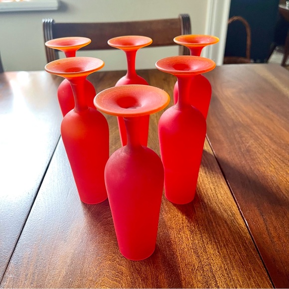 Six Vintage MCM Satin Red/Orange fluted Cordial glasses. Bases UV reactive. - Picture 7 of 16